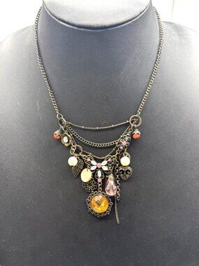 Vintage Necklace Faux Pearl Rhinestone Eclectic Boho Brass Tone 15.5-18.5 inches